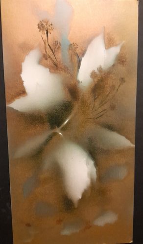 Pam, Evergreen gold, spray paint on card.